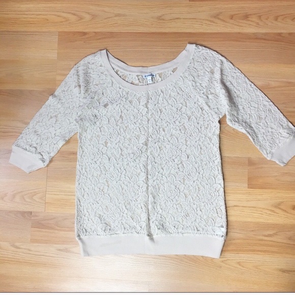 Express Sheer Floral Lace Taupe Elbow Sleeve Top Size M - Picture 2 of 8